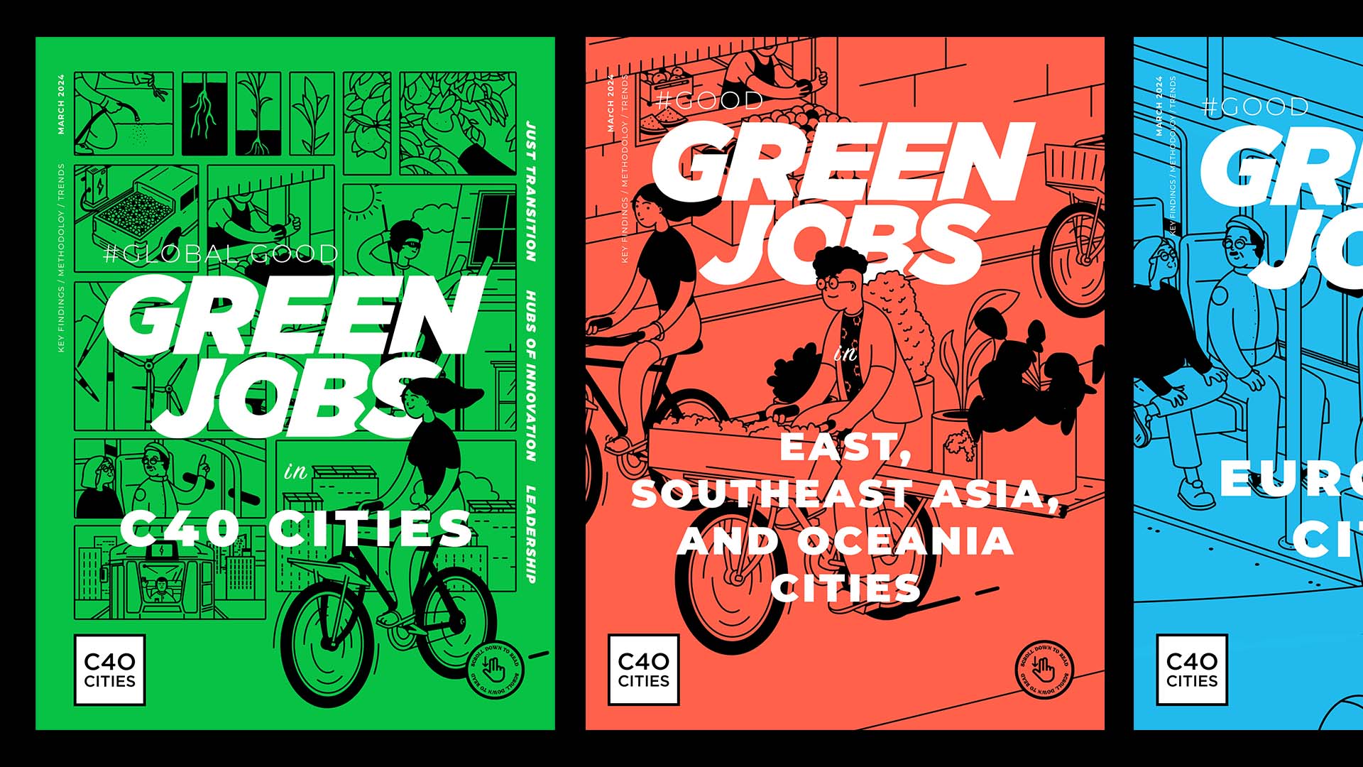 Diseño editorial. Portadas ilustradas para c40 sobre Trabajos Verdes
